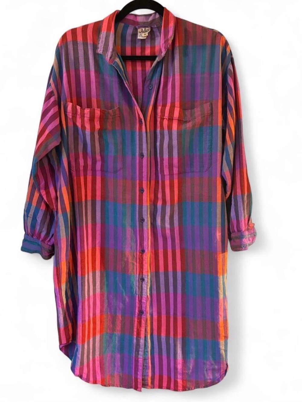 Vintage Adini Plaid Button Front Shirt Dress Size M relaxed fit vacation boho